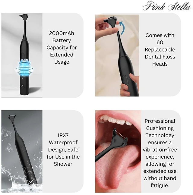 Alt view image 4 of 7 - Electric Dental Flosser| Tongue Scrapper| Gum Massager and Stimulator for Adults and Kids| 60 Reuseable Floss Heads| A Better Alternative to Water Flosser