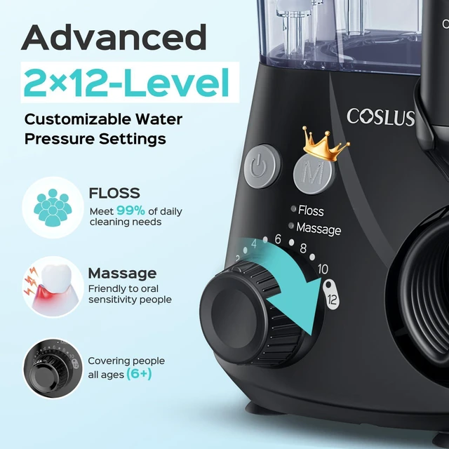 Alt view image 4 of 7 - E2 Advanced Water Dental Flosser Teeth, 2 Modes 12 Pressure Settings | Electric Pick for Orthodontic, Braces, Sensitive Gums - Home Use, 5 Jet Tips for Multiple Family Users, Black, Standard Set