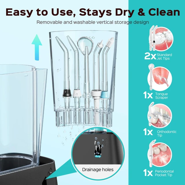 Alt view image 5 of 7 - E2 Advanced Water Dental Flosser Teeth, 2 Modes 12 Pressure Settings | Electric Pick for Orthodontic, Braces, Sensitive Gums - Home Use, 5 Jet Tips for Multiple Family Users, Black, Standard Set