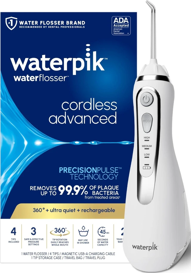 Main image of Cordless Advanced Portable Water Flosser, Rechargeable, White | 3 Settings, 4 Tips, Travel Bag, for Gums, Teeth, Dental Braces, Implants, Shower Use ADA Accepted WP-580 Packaging May Vary