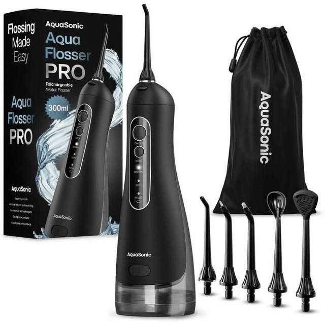 Main image of Aqua Flosser PRO - Rechargeable Electric Cordless Water Flosser for Teeth, Gums & Tongue - Waterproof Modern Design, 300ml Large Tank, 3 Modes, 6 Jet Tips, Deluxe Tongue Nozzle - Black
