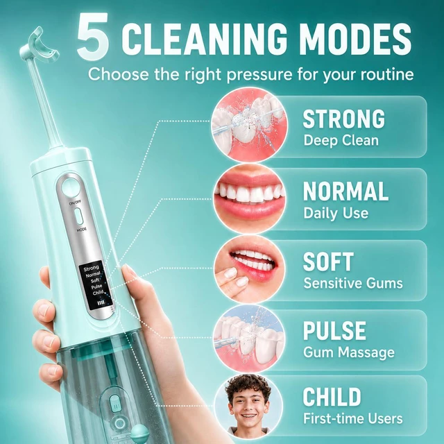 Alt view image 3 of 7 - Water Flosser, Cordless Advanced Dental Flosser Pick for Teeth-5 Jet Tips | U-Type 360° Cleaning & LED Display,350ML Tank,5 Cleaning Modes,USB-C,Water Flosser for Braces, Sensitive Gums & Travel
