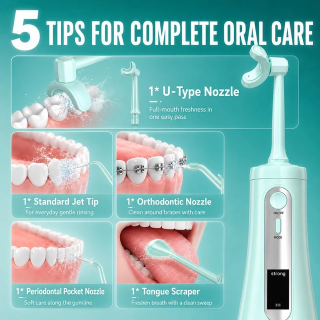 Alt view image 5 of 7 - Water Flosser, Cordless Advanced Dental Flosser Pick for Teeth-5 Jet Tips | U-Type 360° Cleaning & LED Display,350ML Tank,5 Cleaning Modes,USB-C,Water Flosser for Braces, Sensitive Gums & Travel