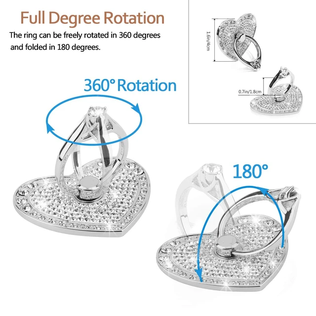 Alt view image 2 of 7 - Bling Heart Phone Ring Stand, Crystal Rhinestone Sparkly Finger Grip Holder | Jewelry Style 360° Rotating Ring Kickstand Holder, Removable Washable Metal Phone Grip for All Smartphones