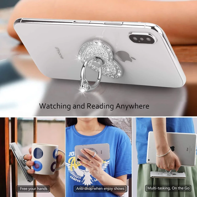 Alt view image 3 of 7 - Bling Heart Phone Ring Stand, Crystal Rhinestone Sparkly Finger Grip Holder | Jewelry Style 360° Rotating Ring Kickstand Holder, Removable Washable Metal Phone Grip for All Smartphones
