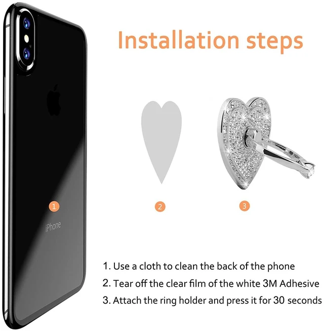 Alt view image 7 of 7 - Bling Heart Phone Ring Stand, Crystal Rhinestone Sparkly Finger Grip Holder | Jewelry Style 360° Rotating Ring Kickstand Holder, Removable Washable Metal Phone Grip for All Smartphones