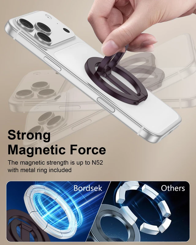 Alt view image 2 of 7 - MagSafe Finger Ring Phone Holder with Kickstand Dual-Sided Magnet Gym Grip for iPhone 17e/17 Pro Max/Air/16e/16 Plus/15/14/13/12 Samsung Galaxy & Pixel, Stick-On for MagSafe Car Mount, Metal Surfaces