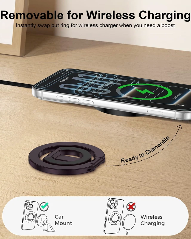 Alt view image 4 of 7 - MagSafe Finger Ring Phone Holder with Kickstand Dual-Sided Magnet Gym Grip for iPhone 17e/17 Pro Max/Air/16e/16 Plus/15/14/13/12 Samsung Galaxy & Pixel, Stick-On for MagSafe Car Mount, Metal Surfaces