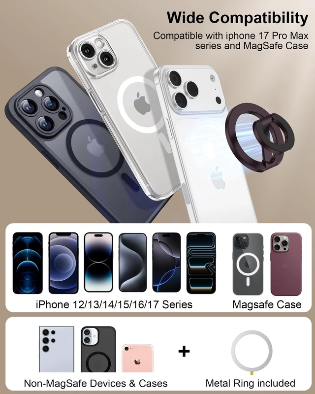 Alt view image 7 of 7 - MagSafe Finger Ring Phone Holder with Kickstand Dual-Sided Magnet Gym Grip for iPhone 17e/17 Pro Max/Air/16e/16 Plus/15/14/13/12 Samsung Galaxy & Pixel, Stick-On for MagSafe Car Mount, Metal Surfaces