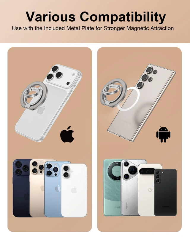 Alt view image 7 of 7 - Magnetic Phone Grip Stand for Back of Phone, Pixel 10 Pro Snap Ring Holder Google Ring Stand, Dual-Sided MagSafe Finger Loop Handle Grip, iPhone 17e 17 Pro Max Mag Safe Holder for Car Mount, Desk, Gym