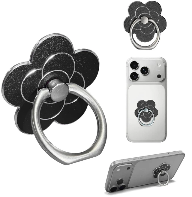Main image of Phone Rings for Back of Phone Flower Cell Phone Ring Holder Stand Finger Kickstand 360 Rotation Universal Ring Grip Holder Compatible with Smartphones Mobile Phone Case Accessories (Black)