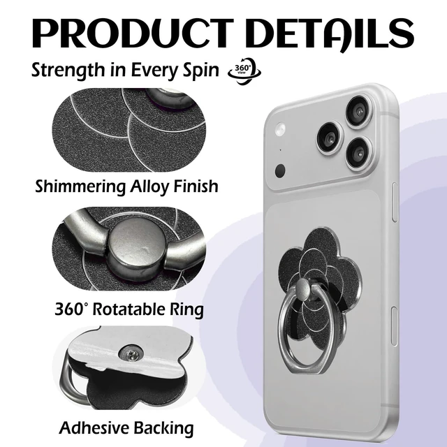 Alt view image 3 of 6 - Phone Rings for Back of Phone Flower Cell Phone Ring Holder Stand Finger Kickstand 360 Rotation Universal Ring Grip Holder Compatible with Smartphones Mobile Phone Case Accessories (Black)