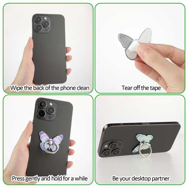 Alt view image 6 of 7 - 4Pcs Butterfly Phone Ring Stand Colored Cute Butterfly Phone Grip | Metal Cell Phone Finger Holder Cellphone Ring Holder Compatible with Phones Tablets Case 360°Rotation