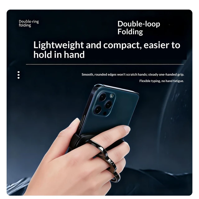 Alt view image 3 of 6 - Dual-Ring Three-Finger Back Clip Holder,360° Rotation Foldable Metal Phone Grip Stand, Back Clip Mount Mobile Support Compatible with Smartphones,Ring Holder for Phone Case (Black)