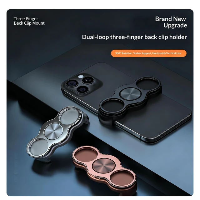 Alt view image 6 of 6 - Dual-Ring Three-Finger Back Clip Holder,360° Rotation Foldable Metal Phone Grip Stand, Back Clip Mount Mobile Support Compatible with Smartphones,Ring Holder for Phone Case (Black)