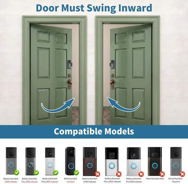 Alt view image 2 of 7 - Anti-Theft Doorbell Mount for Blink/Ring Battery Doorbell/Pro/Plus(2026) | No-Drill Doorbell Camera Holder for Apartment Door, Renter Friendly Mounting Bracket, for Inward Swing Door, (1 Pack, Black)