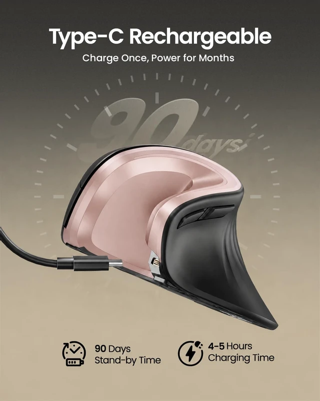 Alt view image 4 of 7 - EM11 NL Wireless Ergonomic Mouse, Rechargeable, Black Pink | 58° vertical design supports a natural wrist posture, connect 3 devices via Bluetooth/2.4G USB-A, 500mAh USB-C rechargeable.