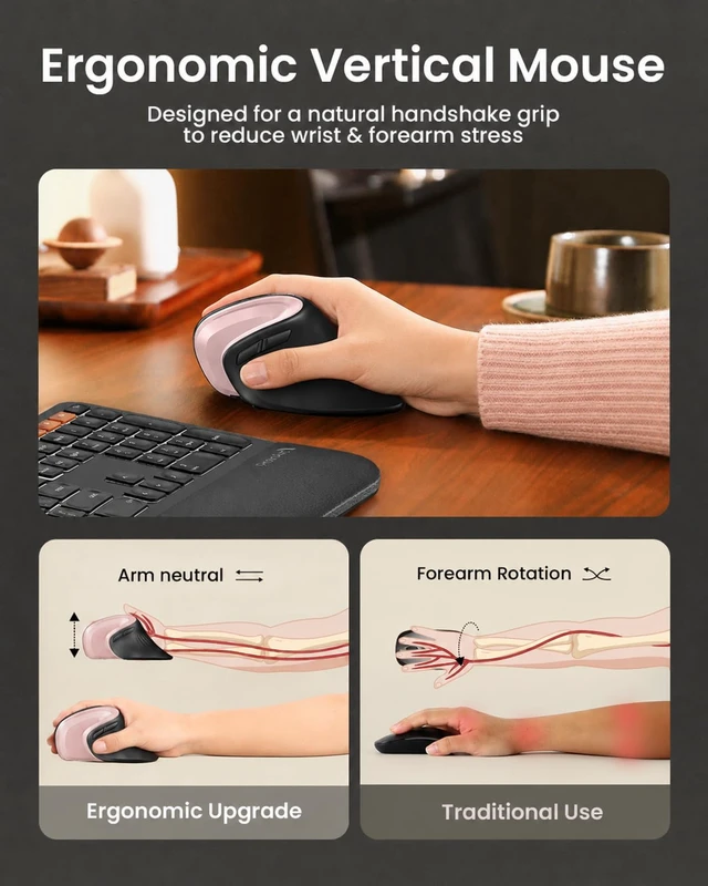 Alt view image 6 of 7 - EM11 NL Wireless Ergonomic Mouse, Rechargeable, Black Pink | 58° vertical design supports a natural wrist posture, connect 3 devices via Bluetooth/2.4G USB-A, 500mAh USB-C rechargeable.