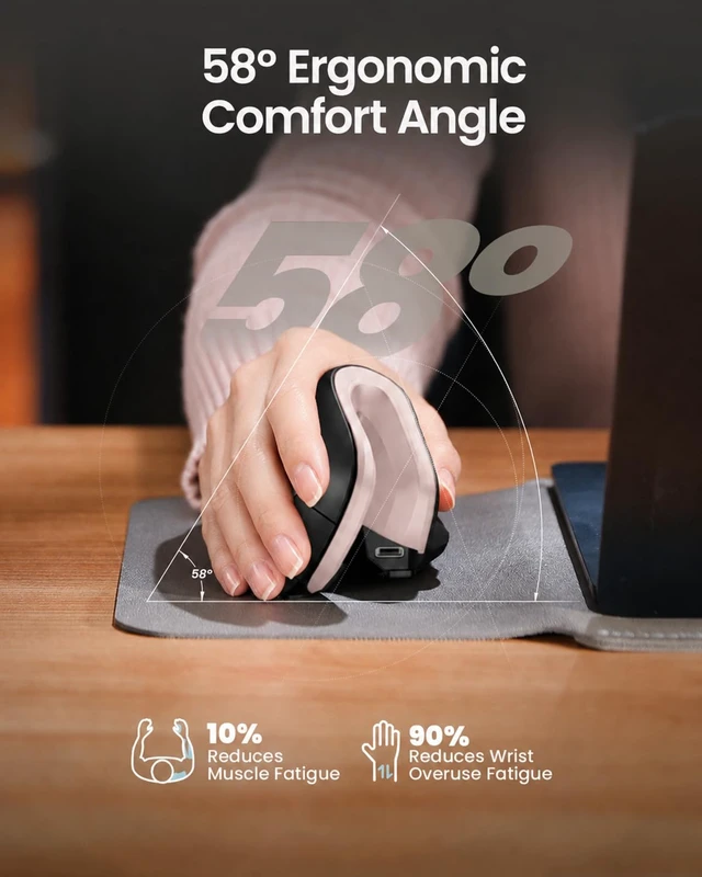 Alt view image 7 of 7 - EM11 NL Wireless Ergonomic Mouse, Rechargeable, Black Pink | 58° vertical design supports a natural wrist posture, connect 3 devices via Bluetooth/2.4G USB-A, 500mAh USB-C rechargeable.