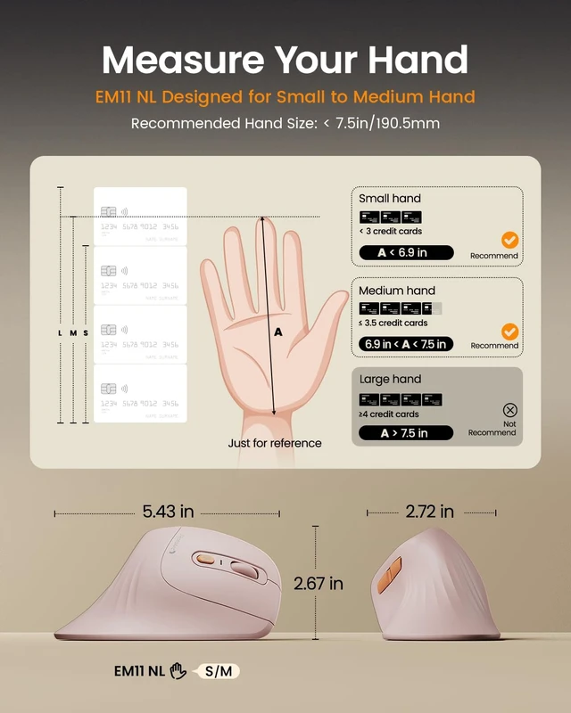 Alt view image 2 of 7 - EM11 NL Wireless Ergonomic Vertical Mouse, Rechargeable, Pink | Connects to 3 devices via Bluetooth/2.4G USB-A, with 500mAh USB-C charging, 1000/1600/2400 DPI, quiet clicks