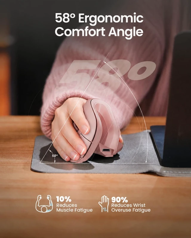 Alt view image 7 of 7 - EM11 NL Wireless Ergonomic Vertical Mouse, Rechargeable, Pink | Connects to 3 devices via Bluetooth/2.4G USB-A, with 500mAh USB-C charging, 1000/1600/2400 DPI, quiet clicks