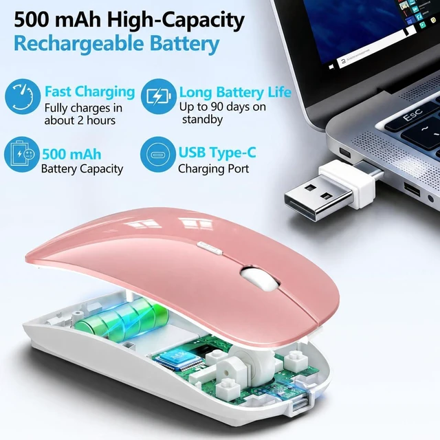 Alt view image 4 of 7 - Wireless Mouse for MacBook & iPad, Anti-Sleep Activity Mode,Rose Gold | Bluetooth 5.2/3.0 + 2.4g USB-C/USB-A, Rechargeable Silent Portable Slim Mouse For Home Office, Study, Work, Travel, Students