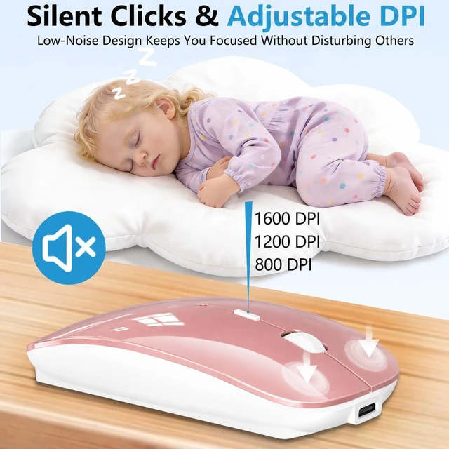 Alt view image 7 of 7 - Wireless Mouse for MacBook & iPad, Anti-Sleep Activity Mode,Rose Gold | Bluetooth 5.2/3.0 + 2.4g USB-C/USB-A, Rechargeable Silent Portable Slim Mouse For Home Office, Study, Work, Travel, Students