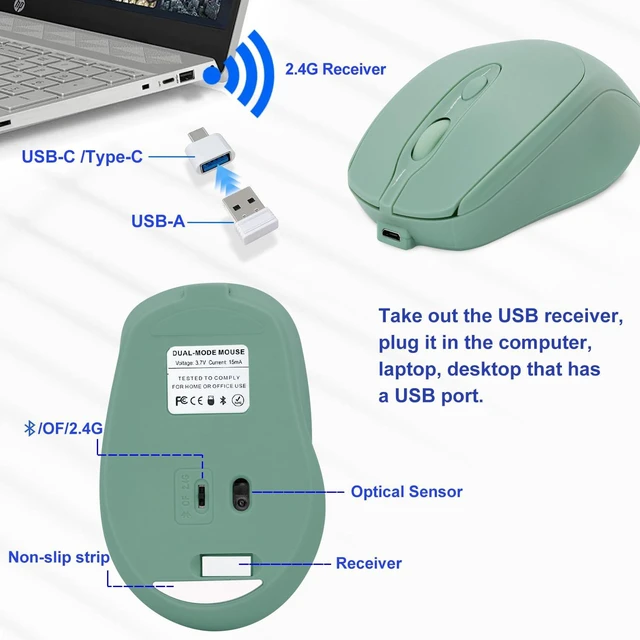 Alt view image 6 of 7 - Bluetooth Mouse,Rechargeable Wireless for Laptop/iPad/MacBook Pro/Air, Silent Mouse Portable Slim for Surface Pro/PC/Lenovo/Samsung Tablet (Light Green)