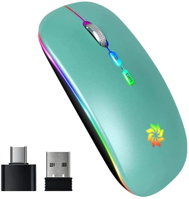 Main image of Wireless Mouse 2.4G, Lake Blue | LED Backlit Wireless Mouse, Slim Silent Rechargeable Wireless Mouse for Laptop, Computer, MacBook, with USB & Type-c Receiver