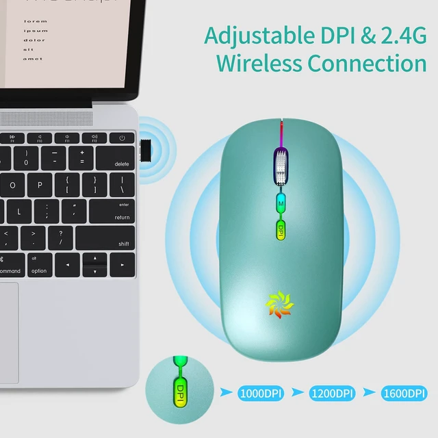Alt view image 2 of 7 - Wireless Mouse 2.4G, Lake Blue | LED Backlit Wireless Mouse, Slim Silent Rechargeable Wireless Mouse for Laptop, Computer, MacBook, with USB & Type-c Receiver