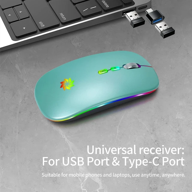 Alt view image 5 of 7 - Wireless Mouse 2.4G, Lake Blue | LED Backlit Wireless Mouse, Slim Silent Rechargeable Wireless Mouse for Laptop, Computer, MacBook, with USB & Type-c Receiver