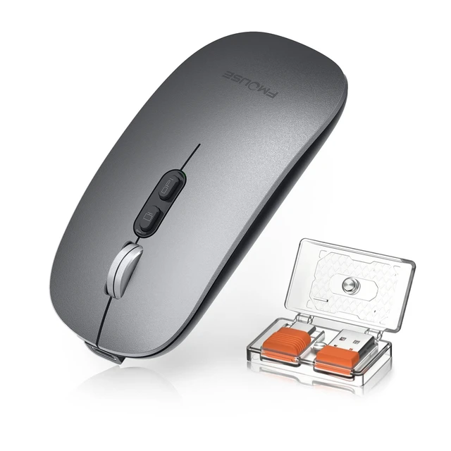 Main image of Slim Wireless Mouse, Tri-Mode 2.4G & Bluetooth, Rechargeable Grey | USB-A & USB-C Receiver | Silent Click | One-Key Desktop | Works with Mac, iPad & Laptops | Long-Life Battery | Portable
