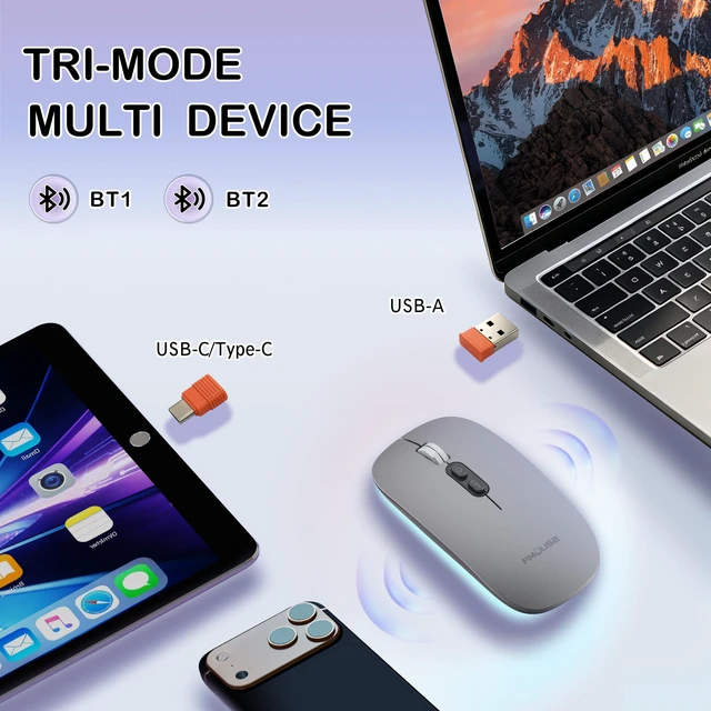 Alt view image 2 of 7 - Slim Wireless Mouse, Tri-Mode 2.4G & Bluetooth, Rechargeable Grey | USB-A & USB-C Receiver | Silent Click | One-Key Desktop | Works with Mac, iPad & Laptops | Long-Life Battery | Portable