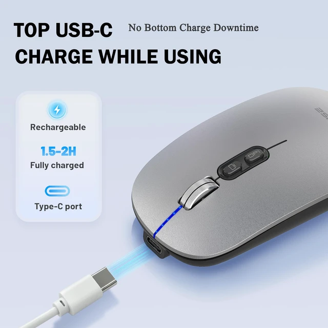 Alt view image 5 of 7 - Slim Wireless Mouse, Tri-Mode 2.4G & Bluetooth, Rechargeable Grey | USB-A & USB-C Receiver | Silent Click | One-Key Desktop | Works with Mac, iPad & Laptops | Long-Life Battery | Portable