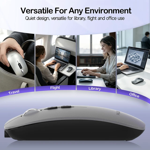 Alt view image 7 of 7 - Slim Wireless Mouse, Tri-Mode 2.4G & Bluetooth, Rechargeable Grey | USB-A & USB-C Receiver | Silent Click | One-Key Desktop | Works with Mac, iPad & Laptops | Long-Life Battery | Portable
