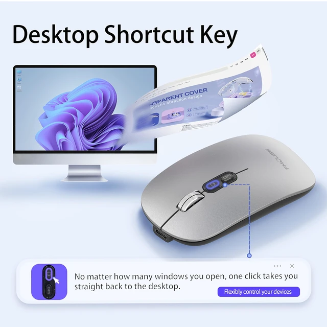 Alt view image 3 of 7 - Slim Wireless Mouse, Tri-Mode 2.4G & Bluetooth, Rechargeable Grey | USB-A & USB-C Receiver | Silent Click | One-Key Desktop | Works with Mac, iPad & Laptops | Long-Life Battery | Portable