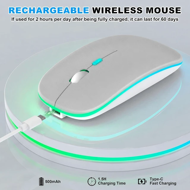 Alt view image 4 of 7 - LED Bluetooth Wireless Mouse for MacBook Air iPad Pro PC Laptop, Slim Rechargeable RGB Computer Mice with Jiggler Mode, 3 Mode BT 5.2 & 2.4G USB-A/USB-C Connectivity Portable Mouse, Light Gray