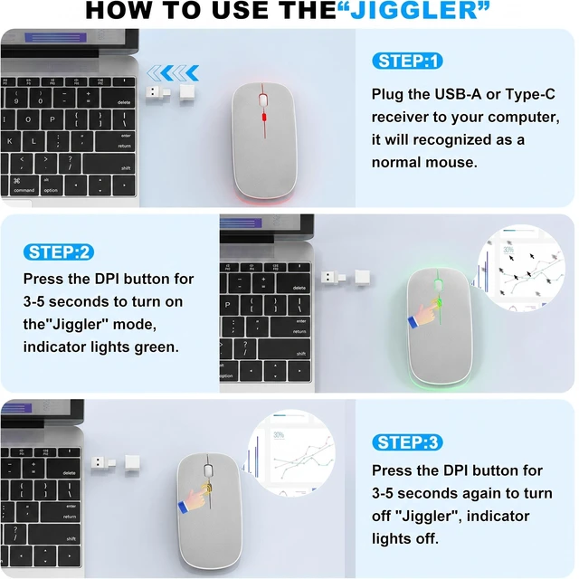 Alt view image 5 of 7 - LED Bluetooth Wireless Mouse for MacBook Air iPad Pro PC Laptop, Slim Rechargeable RGB Computer Mice with Jiggler Mode, 3 Mode BT 5.2 & 2.4G USB-A/USB-C Connectivity Portable Mouse, Light Gray