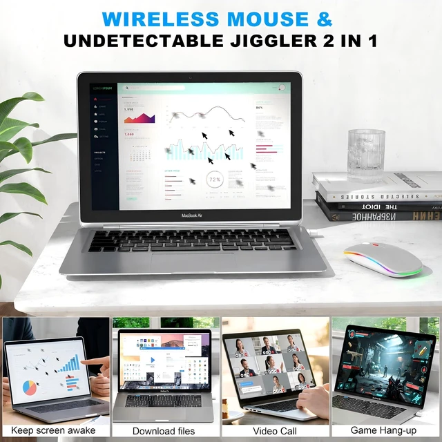 Alt view image 6 of 7 - LED Bluetooth Wireless Mouse for MacBook Air iPad Pro PC Laptop, Slim Rechargeable RGB Computer Mice with Jiggler Mode, 3 Mode BT 5.2 & 2.4G USB-A/USB-C Connectivity Portable Mouse, Light Gray