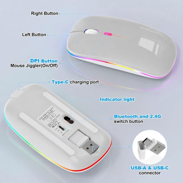Alt view image 7 of 7 - LED Bluetooth Wireless Mouse for MacBook Air iPad Pro PC Laptop, Slim Rechargeable RGB Computer Mice with Jiggler Mode, 3 Mode BT 5.2 & 2.4G USB-A/USB-C Connectivity Portable Mouse, Light Gray