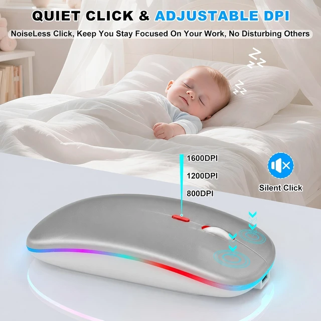 Alt view image 3 of 7 - LED Bluetooth Wireless Mouse for MacBook Air iPad Pro PC Laptop, Slim Rechargeable RGB Computer Mice with Jiggler Mode, 3 Mode BT 5.2 & 2.4G USB-A/USB-C Connectivity Portable Mouse, Light Gray