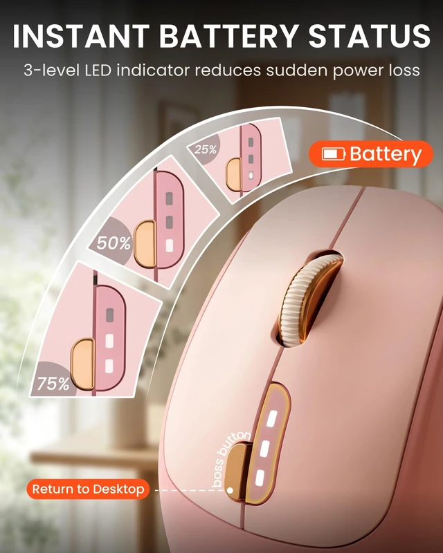 Alt view image 2 of 7 - Dual-Mode Bluetooth Wireless Mouse with Visible Battery Indicator - Pink | Bluetooth 5.0 & 2.4G, Silent Click, 500mAh Type-C Rechargeable, 1600 DPI, Portable for for Mac iPad Windows Office(EWEADN)