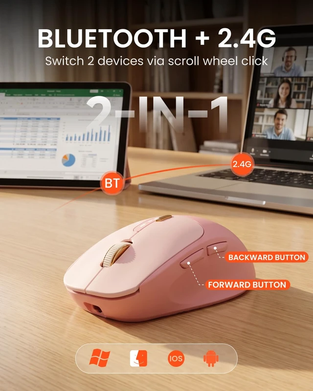 Alt view image 3 of 7 - Dual-Mode Bluetooth Wireless Mouse with Visible Battery Indicator - Pink | Bluetooth 5.0 & 2.4G, Silent Click, 500mAh Type-C Rechargeable, 1600 DPI, Portable for for Mac iPad Windows Office(EWEADN)