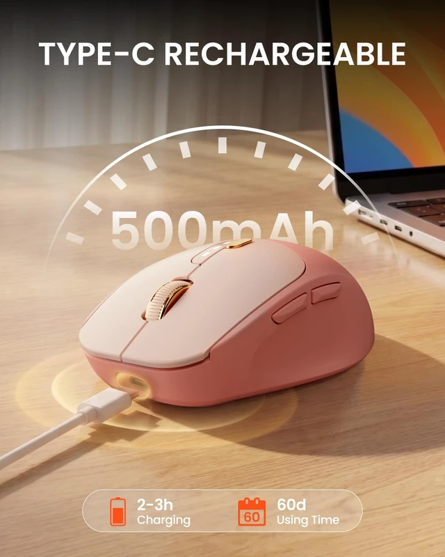 Alt view image 5 of 7 - Dual-Mode Bluetooth Wireless Mouse with Visible Battery Indicator - Pink | Bluetooth 5.0 & 2.4G, Silent Click, 500mAh Type-C Rechargeable, 1600 DPI, Portable for for Mac iPad Windows Office(EWEADN)