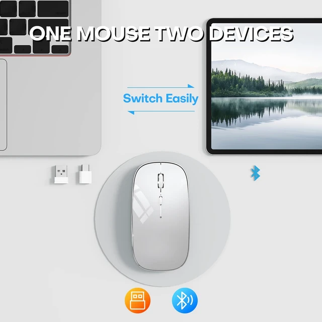 Alt view image 2 of 7 - Wireless Mouse, BT5.4/2.4GHz Dual-Mode, Silent Clicks(Silver) | Rechargeable with USB-C & USB-A Dual Receiver, Slim Portable, Compatible with PC, Laptop & Mac for Work & Travel