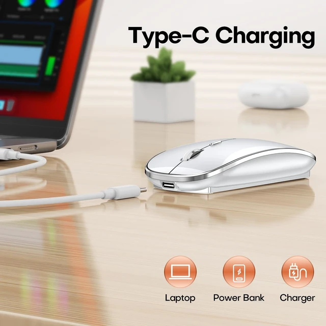 Alt view image 3 of 7 - Wireless Mouse, BT5.4/2.4GHz Dual-Mode, Silent Clicks(Silver) | Rechargeable with USB-C & USB-A Dual Receiver, Slim Portable, Compatible with PC, Laptop & Mac for Work & Travel
