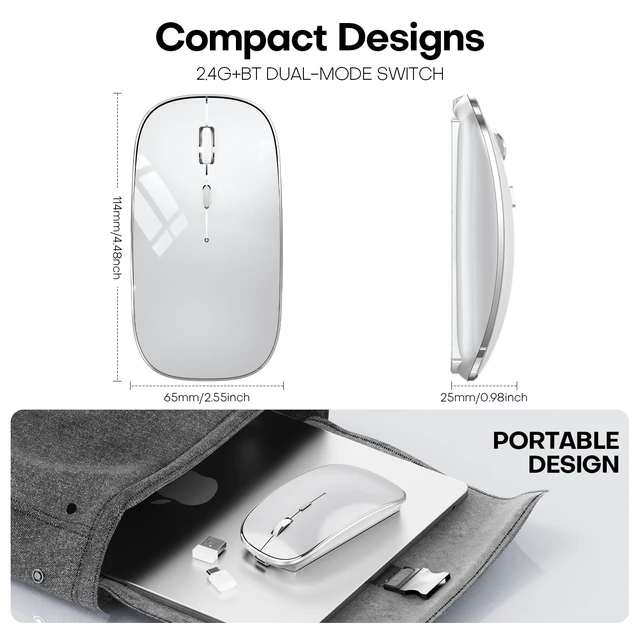 Alt view image 7 of 7 - Wireless Mouse, BT5.4/2.4GHz Dual-Mode, Silent Clicks(Silver) | Rechargeable with USB-C & USB-A Dual Receiver, Slim Portable, Compatible with PC, Laptop & Mac for Work & Travel