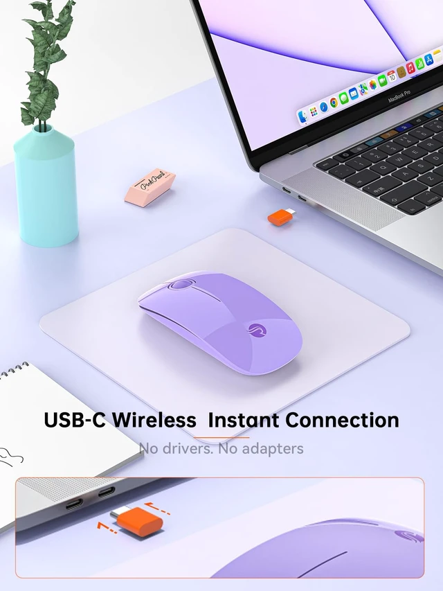 Alt view image 2 of 7 - USB C Wireless Mouse for MacBook, 2.4G Direct USB-C Receiver,Purple | Slim Silent with USB-C Receiver, 800/1200/1600 DPI, AA Battery Powered, Portable Type C Mouse for USB-C Devices, Laptop