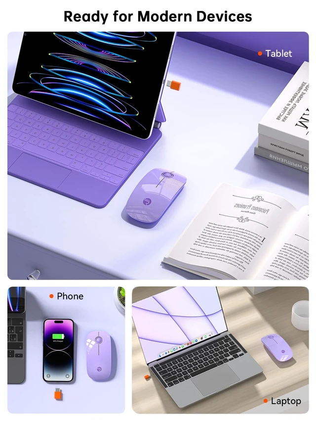 Alt view image 3 of 7 - USB C Wireless Mouse for MacBook, 2.4G Direct USB-C Receiver,Purple | Slim Silent with USB-C Receiver, 800/1200/1600 DPI, AA Battery Powered, Portable Type C Mouse for USB-C Devices, Laptop