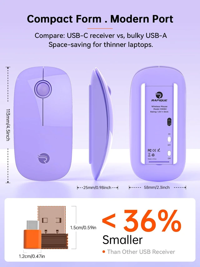 Alt view image 7 of 7 - USB C Wireless Mouse for MacBook, 2.4G Direct USB-C Receiver,Purple | Slim Silent with USB-C Receiver, 800/1200/1600 DPI, AA Battery Powered, Portable Type C Mouse for USB-C Devices, Laptop